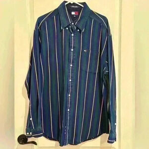 Vintage Tommy Hilfiger Vertical Stripe Button Down Shirt Green‎ White Yellow XL